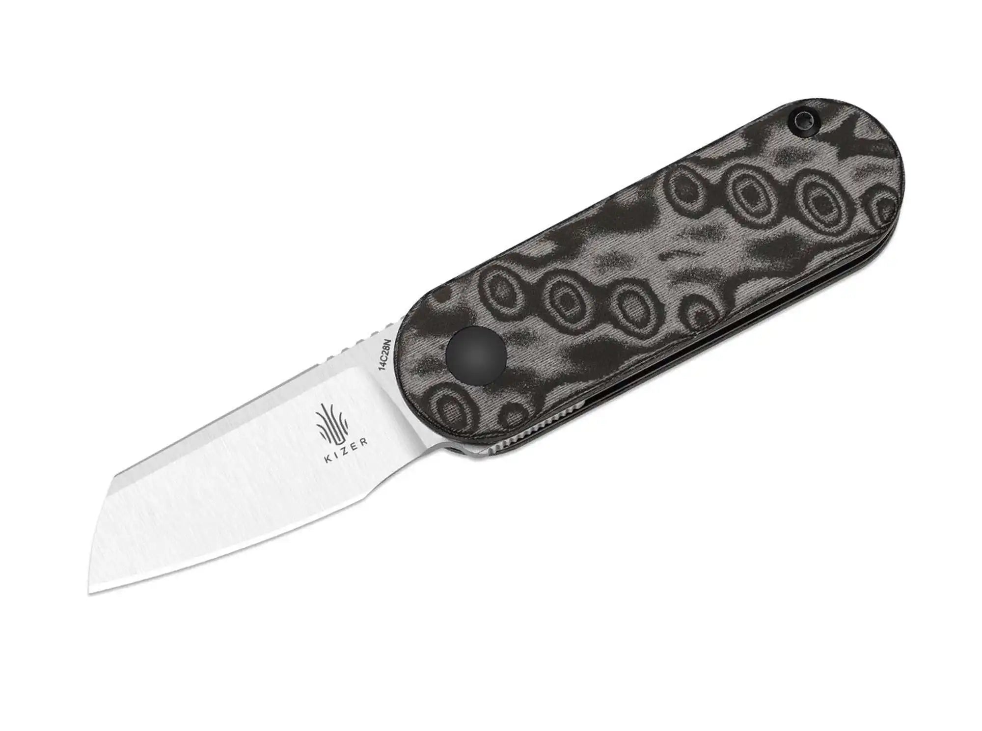Kizer Mini Bay 14C28N Grey Vortex Pattern Micarta