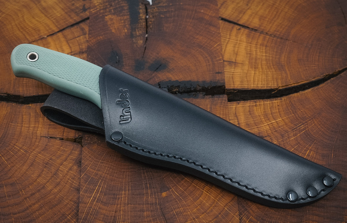 Couteau de chasse Linder Wanger Super Edge 5 ATS 34 Bushcraft vert avec étui en cuir Linder
