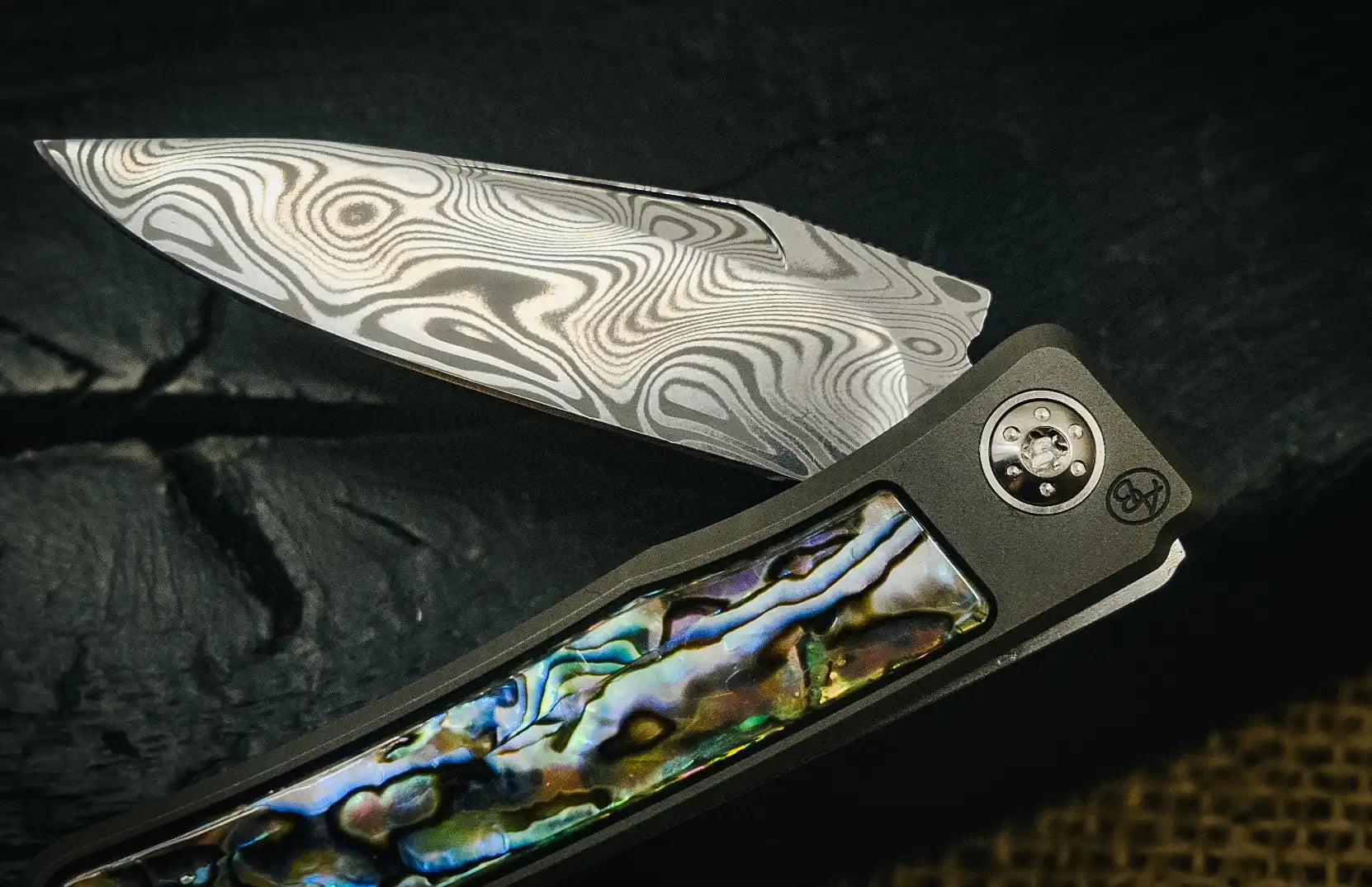 Arno Bernard Knives Rinkhals Damasteel Paua Abalone (Fuller, Mirror Polished)