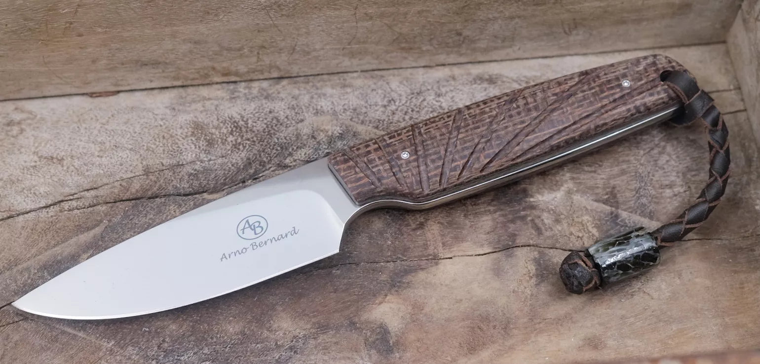Arno Bernard Knives Bongo mit Burlap Micarta + grauer Bead
